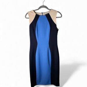 Maggy London Women’s Sheath Short Sleeve Blue and Black Colorblock Midi Dress